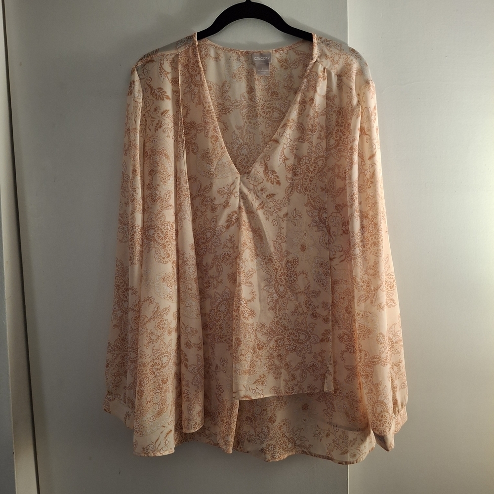 Chico's Women's Cream and Orange Floral Sheer V-neck Long Sleeve Blouse